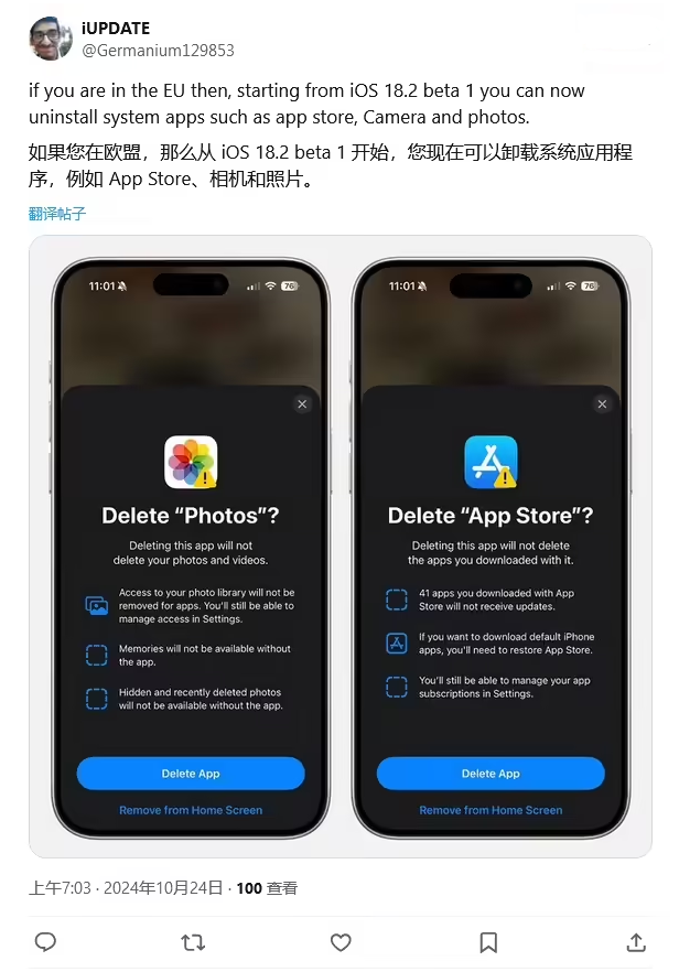 陵城苹果手机维修分享iOS 18.2 支持删除 App Store 应用商店 