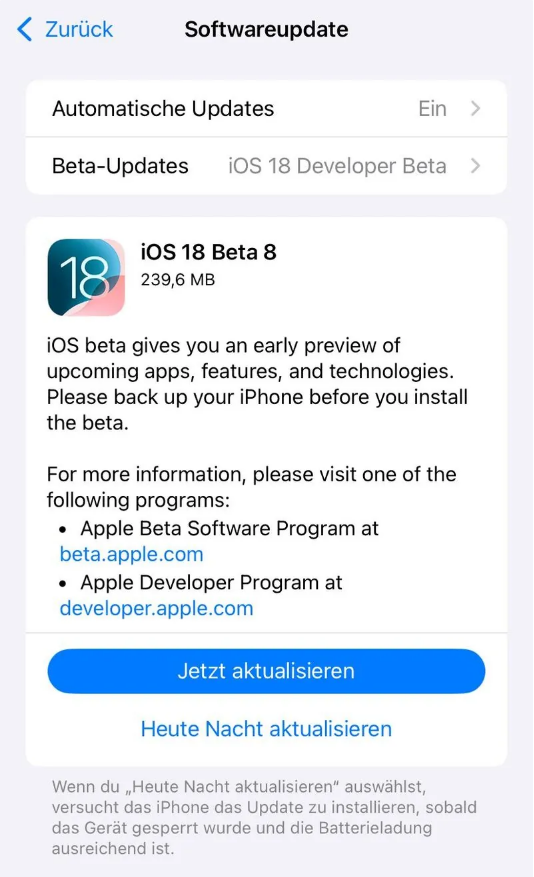 陵城苹果手机维修分享苹果 iOS / iPadOS 18 开发者预览版 Beta 8 发布 